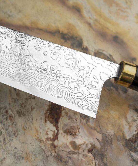 Nóż do mięsa Santoku Takeshi Saji Art Tori Fuji on Lake R-2 18 cm + Saya ręcznie kuty