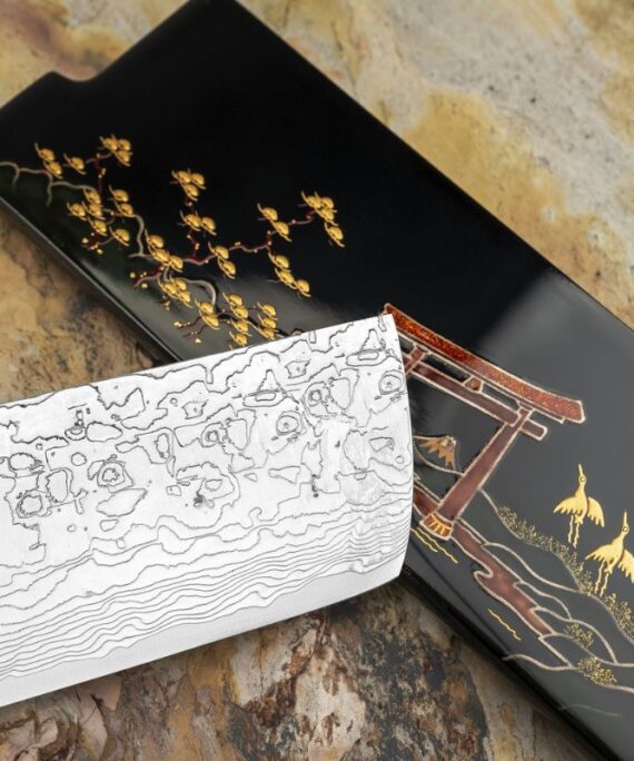 Nóż do warzyw Nakiri Takeshi Saji Art Tori Fuji on Lake R-2 17 cm + Saya ręcznie kuty