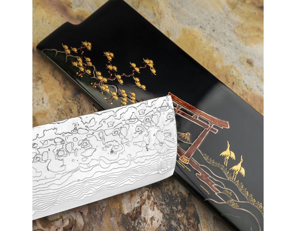 Nóż do warzyw Nakiri Takeshi Saji Art Tori Fuji on Lake R-2 17 cm + Saya ręcznie kuty